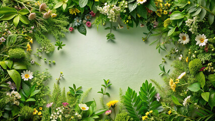 Lush greenery intertwined with delicate flowers, forming a natural frame around a blank center for customization.