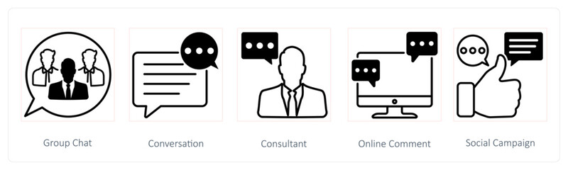 A set of 5 Seo icons as group chat, conversation, consultant