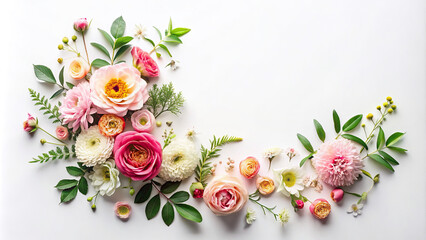 Aerial view of a floral flat lay composition surrounding a white background, ideal for adding text or graphics.
