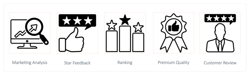 A set of 5 Seo icons as marketing analysis, star feedback, ranking