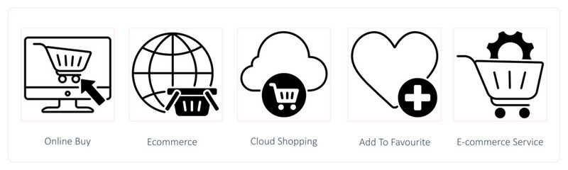 A set of 5 Seo icons as online buy, ecommerce, cloud shopping
