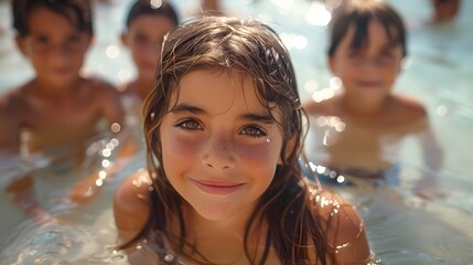 a group of happy children revel in the refreshing embrace of a tranquil swimming pool, their smiles reflecting the bliss of a perfect summer day