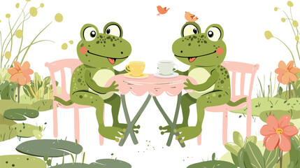 Couple of cute frogs on date. Childish characters fun