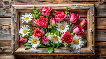 Fototapeta na wymiar An elegant composition of roses, daisies, and tulips forming a charming floral frame against a rustic wooden background.