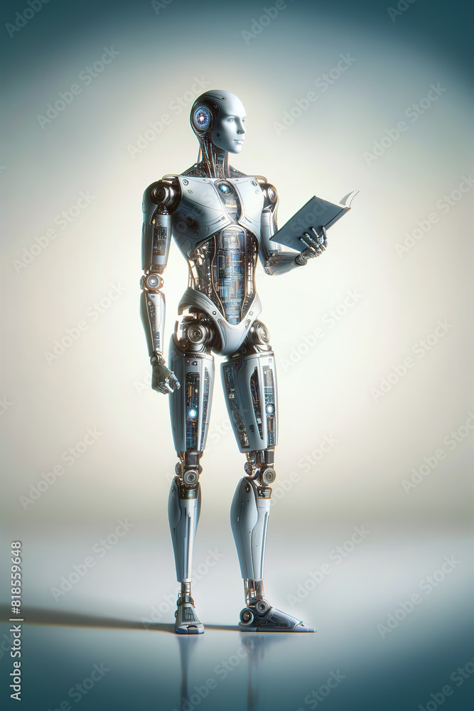 Poster android robot, pose 18. robot holds a book in his hand
