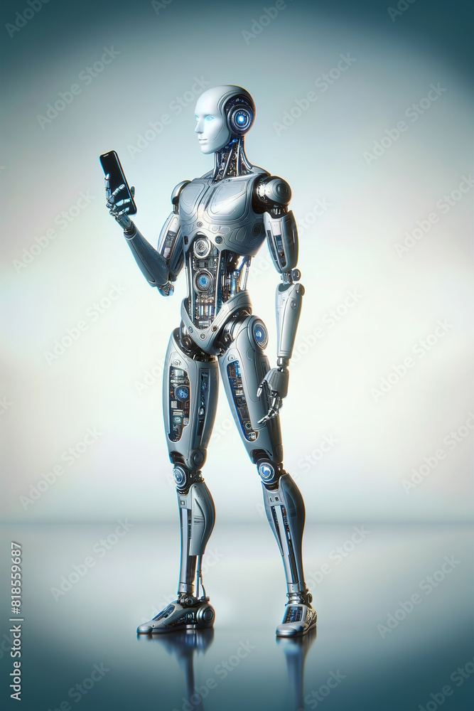 Poster android robot, pose 19. robot holds in hand phone