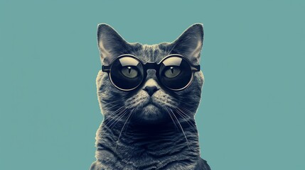 Illustrate a cat wearing round glasses, facing forward with a solid background and ample copyspace on the sides for text.