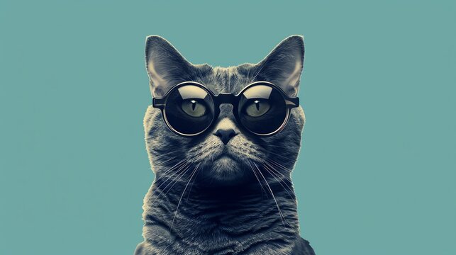 Illustrate a cat wearing round glasses, facing forward with a solid background and ample copyspace on the sides for text.
