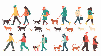 Fototapeta na wymiar Crowd of tiny people walking their dogs on street. Fo