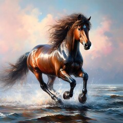A horse that is brown with a mane that is black is galloping in the sea.
