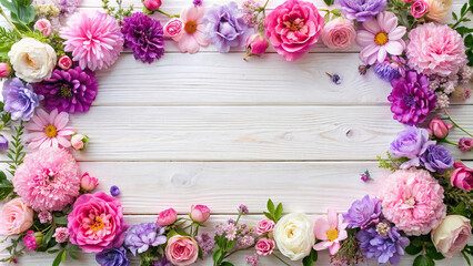 Top view of a beautiful floral frame with pink and purple flowers on a white wooden background, perfect for wedding invitations