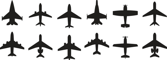 Set of Airplane icons. Airplane vectors designed in black Fill styles can used for web and mobile app. Travel icons. Flight ticket air fly travel takeoff silhouette elements on transparent background.