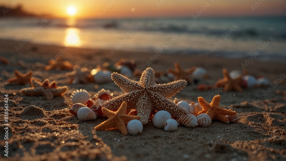 Wall mural a beach with starfish and shells on the sand at sunset,. - Wall murals