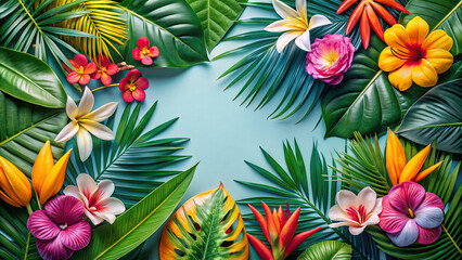 A stylish flat lay composition featuring an assortment of tropical flowers and palm leaves forming an exotic border, ideal for travel-themed designs or vacation advertisements.