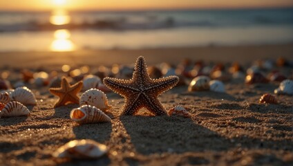 A beach with starfish and shells on the sand at sunset,.
