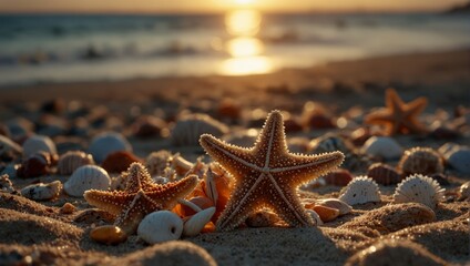 A beach with starfish and shells on the sand at sunset,.