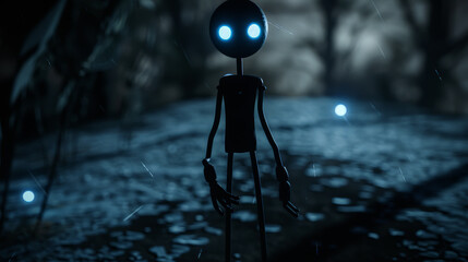 Ethereal Watcher: Black Stick Figure with Neon Blue Glowing Eyes, Generative AI