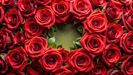 A detailed close-up of red roses forming a circular frame, symbolizing love and passion 