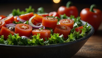 A bowl of a salad with tomatoes, peppers and onions,.