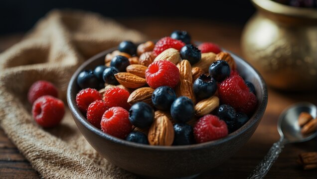 A bowl of berries and nuts with a spoon in it,.