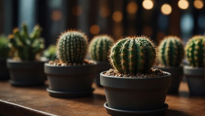 A bunch of cacti are in pots on a table,. - Powered by Adobe