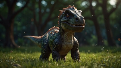 A cartoon dinosaur standing in a field with grass and trees,.