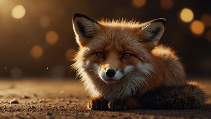 A cartoon fox sitting on a brown background with its eyes closed,.