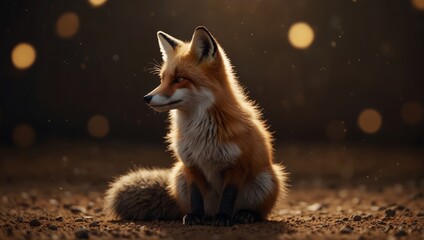 A cartoon fox sitting on a brown background with its eyes closed,.