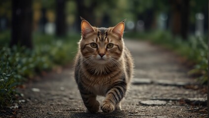 A cat running on a path with blurry background,.