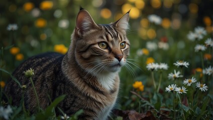 A cat sitting in a field of flowers with leaves and branches,.