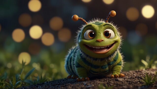 A cartoon caterpillar with a smile on its face,.
