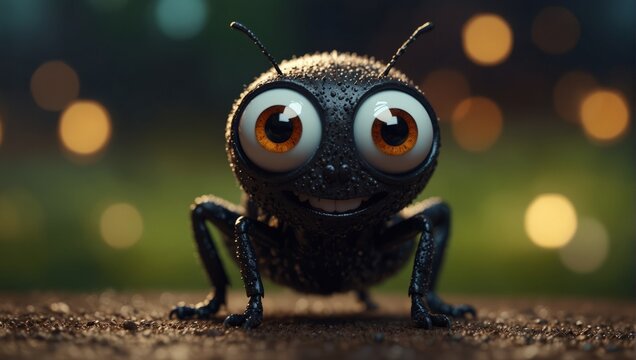 A cartoon bug with big eyes and a smile on its face,.