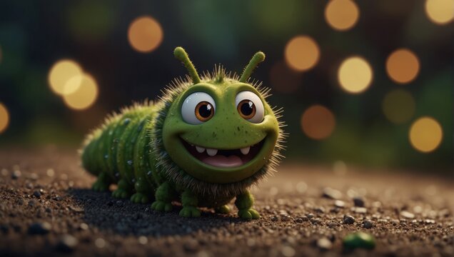 A cartoon caterpillar with a smile on its face,.