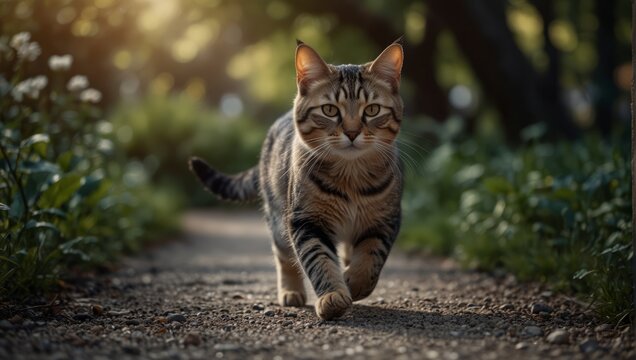 A cat running on a path with blurry background,.