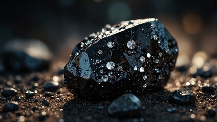 A close up of a black rock with diamonds on it,.