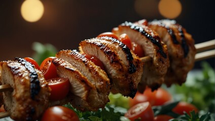 A close up of a bunch of chicken on skewers with tomatoes,.