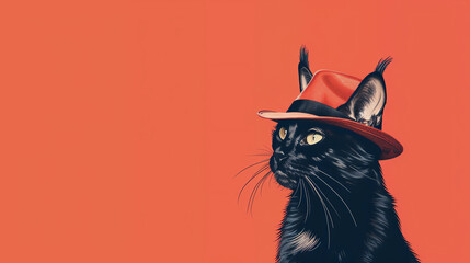 Illustrate a cat wearing a stylish fedora, facing forward with a solid background and ample copyspace on the sides for text.