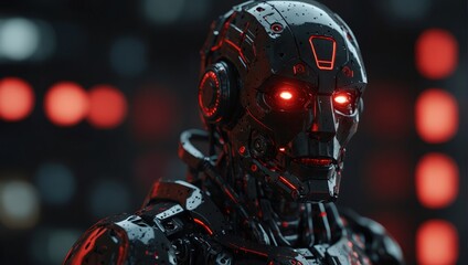 Fototapeta premium A close up of a futuristic robot with red and black accents,.