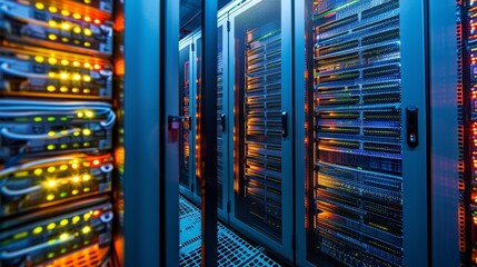 Close-Up of Server Racks Illuminated in Blue, Depicting Advanced Data Processing Capabilities