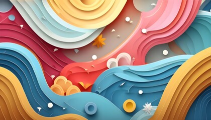 A colorful and whimsical paper art installation featuring playful shapes, creating engaging graphics for social media posts.