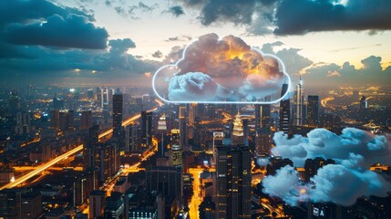 Twilight Blue Cloud Computing Above City Skyline, Symbolizing Urban Data Integration