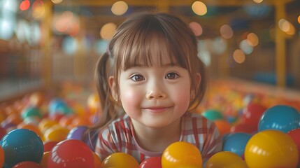 a high-resolution photograph capturing a happy little girl lost in play in a ball pit at a kids indoor play center
