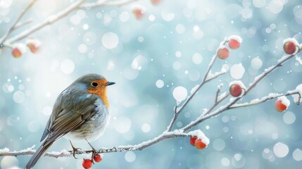 Cute bird and winter. White snow background.