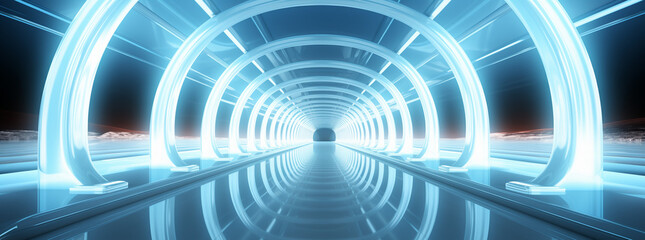 À travers le tunnel futuriste en verre, la lumière bleutée guide les voyageurs urbains vers une perspective moderne, mêlant acier et architecture urbaine.