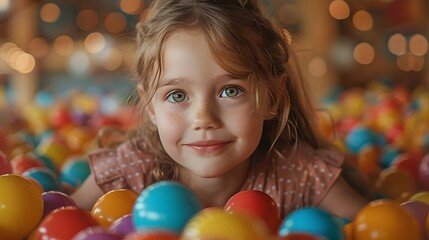 a high-resolution photograph capturing a happy little girl lost in play in a ball pit at a kids indoor play center