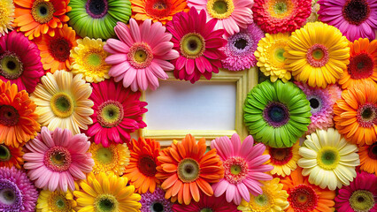 Brightly colored gerbera daisies laid out in a rectangular frame, creating a vibrant floral border 