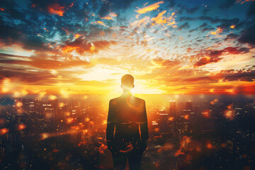 Obraz premium back view business man in front of sunset landscape