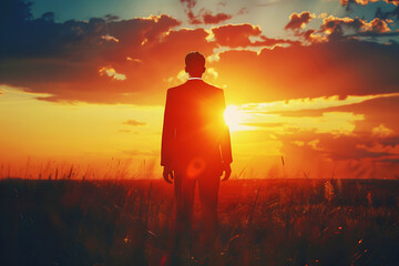  back view business man in front of sunset landscape