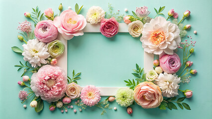 Obraz na płótnie Canvas An elegant flat lay of pastel-colored blooms neatly arranged in a square frame, offering plenty of space for text or design elements.