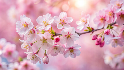 A close-up of delicate cherry blossoms against a soft pink background, capturing the fleeting beauty of spring.